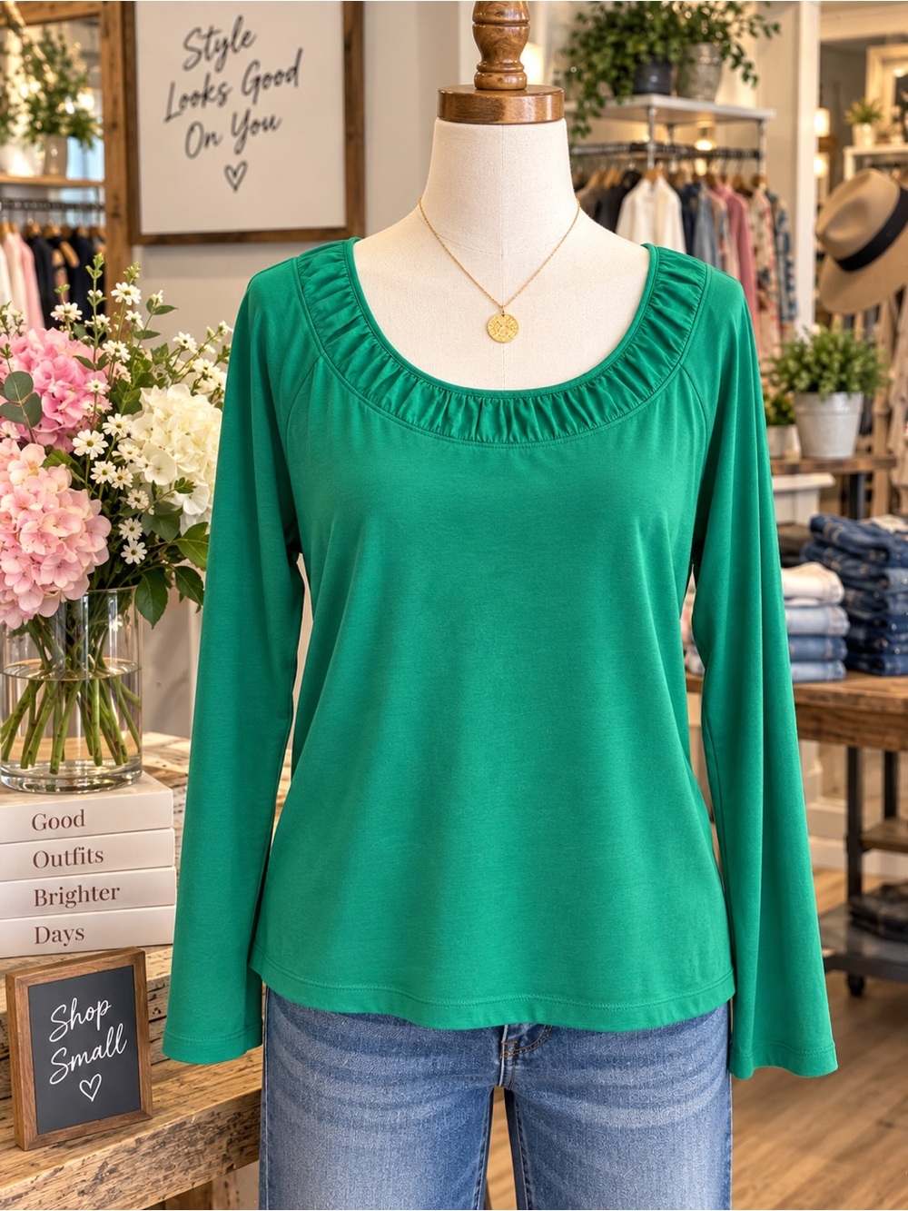 LL Bean Emerald Green Long-Sleeve Scoop Neck Top
